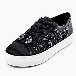 ZARA Black Satin Beaded Embellished Sneakers Trainers Lace Up Shoe Women’s 39